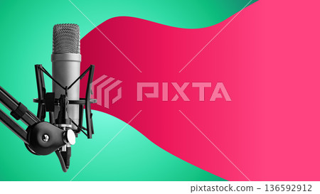 Podcast microphone setup in studio with colorful background for recording sessions 136592912