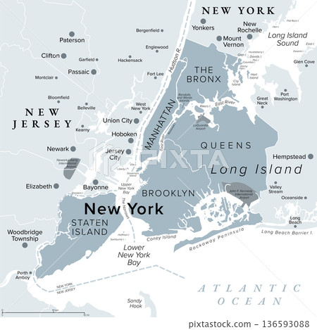 New York City, gray political map. Most populous city in the United States, at southern tip of New York State, compromising boroughs Manhattan, Brooklyn, Queens, The Bronx, and Staten Island. Vector New York City, gray political map. Most populous city in the United States, at southern tip of New York State, compromising boroughs Manhattan, Brooklyn, Queens, The Bronx, and Staten Island. Vector 136593088