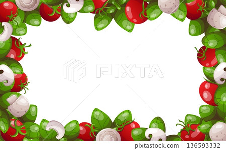 Frame with tomatoes mushrooms and basil leaves 136593332