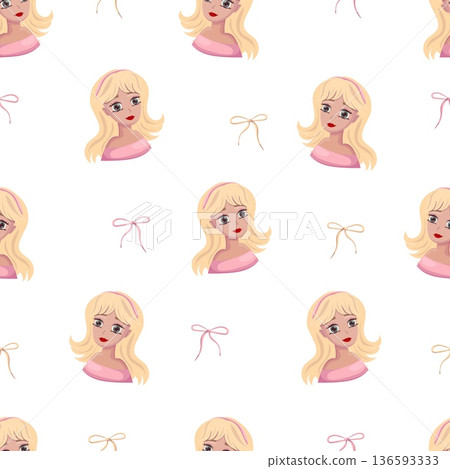 Seamless pattern with blonde girl and pink bows Seamless pattern with blonde girl and pink bows 136593333