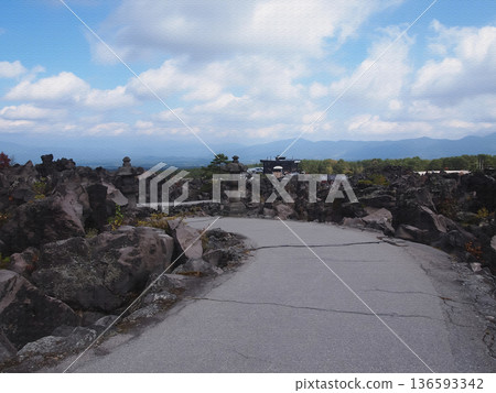 The unique natural scenery created by the strange rock formations of Onioshidashi Park. Illustrated photo. The unique natural scenery created by the strange rock formations of Onioshidashi Park. Illustrated photo. 136593342