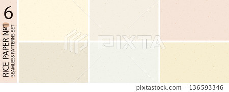 Rice paper texture seamless patterns set. Light yellow, brown, pink, green, ecru recycle paper backgrounds with speckles, flecks and particles. Vector illustration, isolated on transparent background 136593346