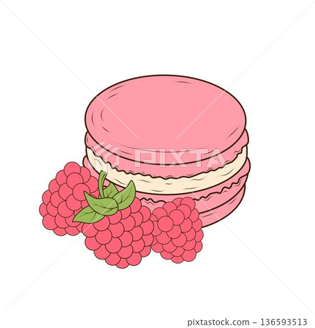 Pink macaron with fresh raspberries is shown as a hand drawn vector illustration in a clean flat cartoon style. Sweet dessert object for bakery branding, menu design, packaging and cafe advertising. 136593513