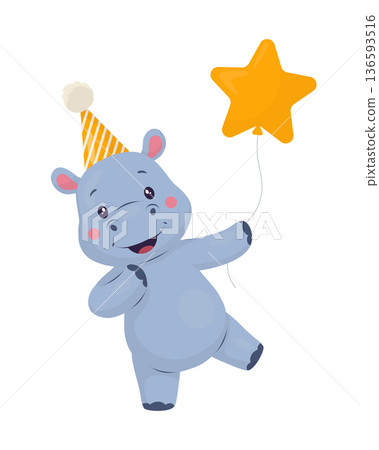 A baby hippopotamus wearing a party hat and holding a star-shaped balloon. Vector illustration in pastel colors with soft shadows. Animal clipart for birthday parties. Suitable for children's A baby hippopotamus wearing a party hat and holding a star-shaped balloon. Vector illustration in pastel colors with soft shadows. Animal clipart for birthday parties. Suitable for children's 136593516