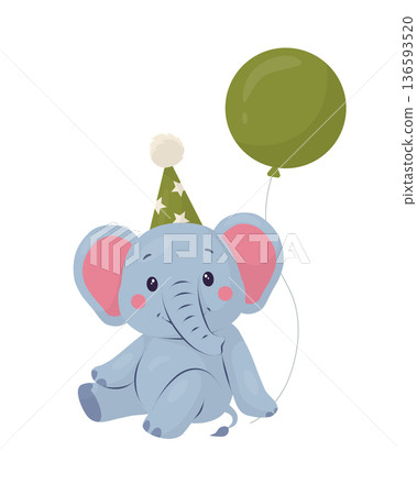 Adorable baby elephant sitting with a party hat and green balloon. Cute pastel flat vector illustration isolated on white background, perfect for kids birthday invitations, greeting cards, nursery Adorable baby elephant sitting with a party hat and green balloon. Cute pastel flat vector illustration isolated on white background, perfect for kids birthday invitations, greeting cards, nursery 136593520