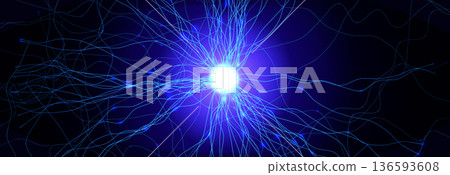 Neuron Firing Human Brain Neural Network Innovate Science Technology Background. Medical Neurology Bio Tech Scientific Research Banner Flash Glow Fractal. Blue AI Digital Net. Vector Illustration 136593608