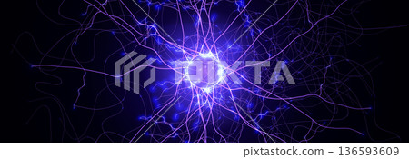 Neural Network Brain Neurone Synapse Connections Lightning Ball Energy Glow. Machine Learning Technology Background for AI Data Flow, BigData, Medical Science Research, Biotech. Vector illustration 136593609