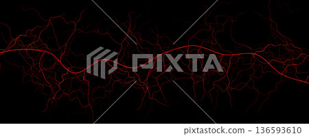 Abstract red glowing veins on black background, medical tech banner for science, healthcare, neural network themes. Vein networks for headers, wallpapers, presentations. Vector illustration Abstract red glowing veins on black background, medical tech banner for science, healthcare, neural network themes. Vein networks for headers, wallpapers, presentations. Vector illustration 136593610