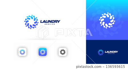 Laundry service logo, swirling droplets motion, clean fresh blue emblem design. Abstract washer vortex for branding, app icon, signage, packaging. Modern gradient minimal style. Vector illustration 136593615
