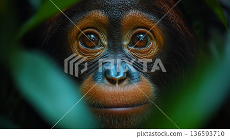 Baby orangutan face close-up with expressive brown eyes and curious expression in natural habitat. Young primate portrait highlighting endangered species for conservation awareness Baby orangutan face close-up with expressive brown eyes and curious expression in natural habitat. Young primate portrait highlighting endangered species for conservation awareness 136593710
