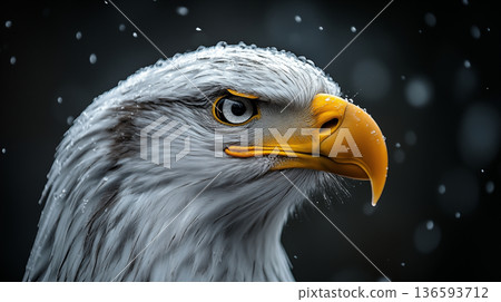 Bald eagle head profile with droplets on feathers against dark snowy background. Concept of wildlife conservation, national symbol and strength in nature 136593712