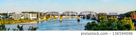 Union Pacific Missouri River Bridge in Omaha Nebraska. Historic steel truss railroad bridge crosses the water near a parking garage at sunset Union Pacific Missouri River Bridge in Omaha Nebraska. Historic steel truss railroad bridge crosses the water near a parking garage at sunset 136594096