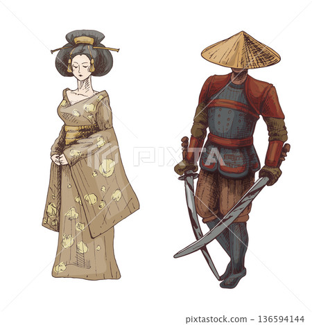 Japanese samurai with two crossed sword. Vintage vector hatching illustration. 136594144
