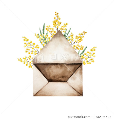 Vintage open paper envelope with spring mimosa flowers. Watercolor blank, hand drawn retro style illustration isolated on background, transparent png. Botanical and wedding clip art. For greeting card Vintage open paper envelope with spring mimosa flowers. Watercolor blank, hand drawn retro style illustration isolated on background, transparent png. Botanical and wedding clip art. For greeting card 136594302