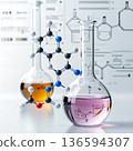 Laboratory equipment and molecular models representing the cover of a chemistry magazine 136594307