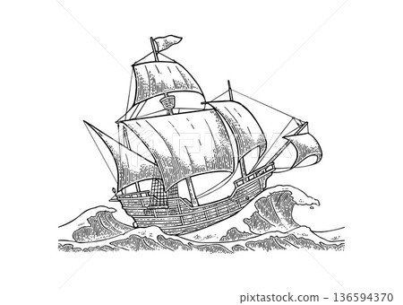 Sailing ship sails in stormy sea with big waves. Vector vintage engraving Sailing ship sails in stormy sea with big waves. Vector vintage engraving 136594370