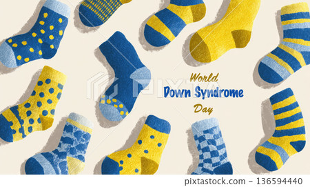 Background a postcard with an image of unpaired yellow and blue socks for World Down Syndrome Day 136594440