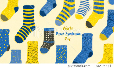 Background a postcard with an image of unpaired yellow and blue socks for World Down Syndrome Day 136594441