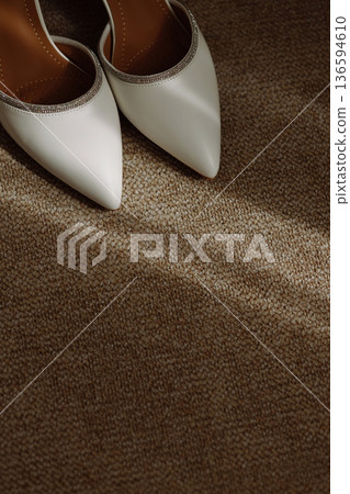 White pointed-toe women's shoes on brown textured carpet, top view White pointed-toe women's shoes on brown textured carpet, top view 136594610