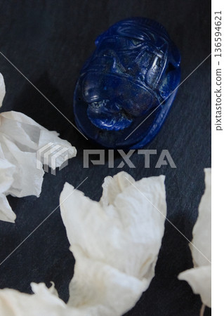 Top view of blue lapis lazuli scarab beetle surrounded by white dried petals on dark stone surface. Top view of blue lapis lazuli scarab beetle surrounded by white dried petals on dark stone surface. 136594621