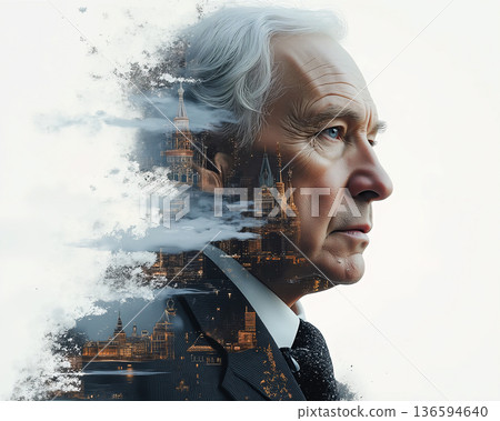 Urban reflection a man's connection to the city.  Elderly man in profile, suit and tie, against a cityscape silhouette. 136594640