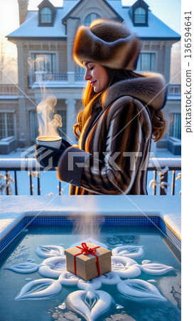 Winter wonderland morning with a special gift. Woman in a luxurious fur coat and hat stands outside a grand house covered in snow, holding a steaming cup in her gloved hands.  136594641