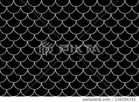 Fish white scale seamless pattern. Mermaid, dragon, snake scales background. Fish, snake skin endless texture. Water wave, roof tiles wallpaper. Mermaid tail line pattern. Minimalist Japanese ornament 136594742