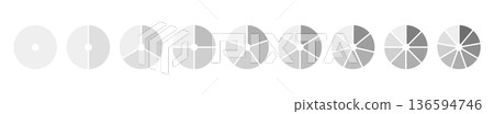 Monochrome diagram with 1, 2, 3, 4, 5, 6, 7, 8, 9 equal sections, steps. Set of pie, pizza simple charts, circle icons for UI, web design, business presentation, infographic, statistic, analytics. Monochrome diagram with 1, 2, 3, 4, 5, 6, 7, 8, 9 equal sections, steps. Set of pie, pizza simple charts, circle icons for UI, web design, business presentation, infographic, statistic, analytics. 136594746