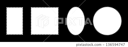 Set of Postage stamp frame templates. Rectangular, circle blank vintage stamps. Tags, labels, coupons, boxes with curvy, wiggly, wavy perforated edges. Empty borders, backdrops for postcards, letters. Set of Postage stamp frame templates. Rectangular, circle blank vintage stamps. Tags, labels, coupons, boxes with curvy, wiggly, wavy perforated edges. Empty borders, backdrops for postcards, letters. 136594747