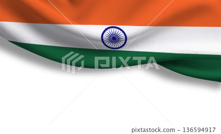 Symbol of sovereignty, Indias national flag billows in the wind against a clear sky 136594917
