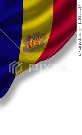 Flag of Andorra waving in the wind showing blue, yellow, and red colors with a coat of arms design Flag of Andorra waving in the wind showing blue, yellow, and red colors with a coat of arms design 136595137