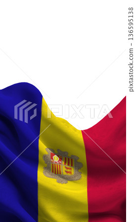 Flag of Andorra waving in the wind showing blue, yellow, and red colors with a coat of arms design Flag of Andorra waving in the wind showing blue, yellow, and red colors with a coat of arms design 136595138