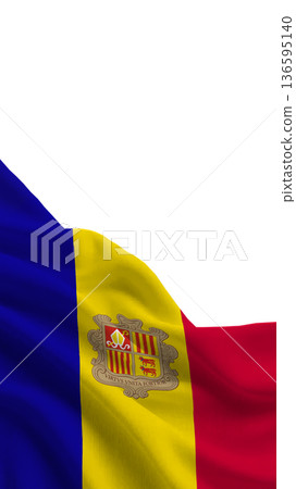 Flag of Andorra waving in the wind showing blue, yellow, and red colors with a coat of arms design 136595140