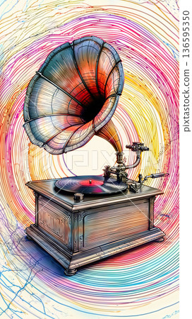 Vintage gramophone with vibrant sound waves.  A vintage gramophone features a large, colorful horn with a classic wooden base, detailed with intricate metalwork.  136595350