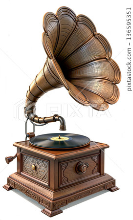 Vintage wooden gramophone with ornate brass horn and vinyl record. Vintage gramophone with an ornate brass horn, featuring intricate detailing.  136595351