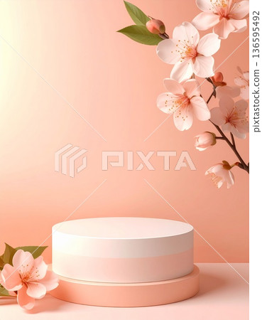Elegant Display Stage with White Cherry Blossoms on Peach Background 136595492