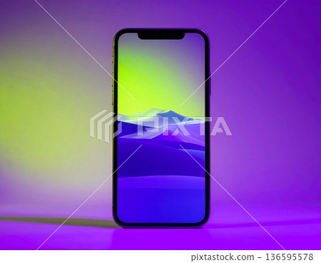 Smartphone Displaying Abstract Mountain Landscape Against Gradient Purple Backdrop 136595578
