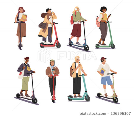 Set of diverse male and female students cartoon characters with backpacks riding electric scooters Set of diverse male and female students cartoon characters with backpacks riding electric scooters 136596307