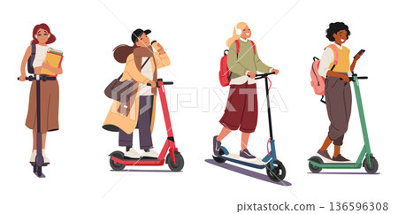 Pretty teenage girls cartoon student characters riding electric scooter commuting place of education 136596308