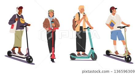 Happy teenage boys cartoon student characters with backpack riding electric scooter isolated set Happy teenage boys cartoon student characters with backpack riding electric scooter isolated set 136596309