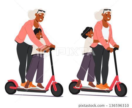 Grey-haired grandmother and granddaughter travelling by scooter in various riding postures set Grey-haired grandmother and granddaughter travelling by scooter in various riding postures set 136596310