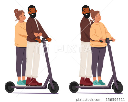 Happy loving coupe riding electric scooter standing in various poses isolated set on white 136596311