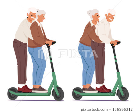 Affectionate elderly couple using modern e-scooter spending romantic active time together set Affectionate elderly couple using modern e-scooter spending romantic active time together set 136596312