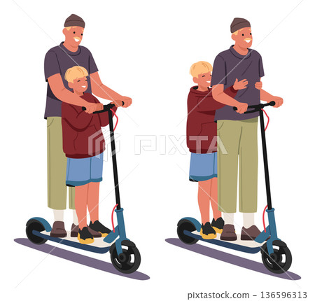 Father and son riding e-scooter together using eco-friendly transport for their daily commute set Father and son riding e-scooter together using eco-friendly transport for their daily commute set 136596313