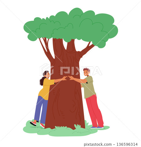 Happy loving couple cartoon characters hugging tree trunk together as symbol of their love Happy loving couple cartoon characters hugging tree trunk together as symbol of their love 136596314