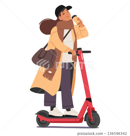 Teenage student female cartoon character drinking coffee on-the-go while riding electric scooter 136596342