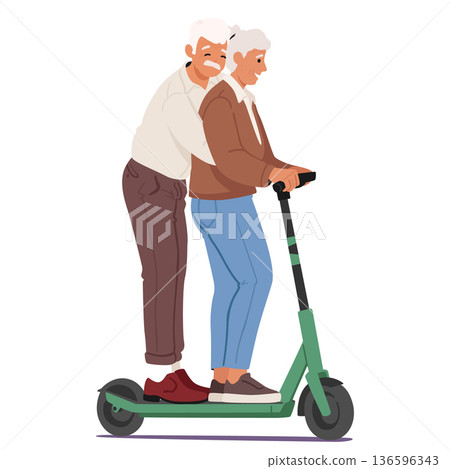 Senior couple characters riding electric scooter together enjoying eco-friendly urban transportation Senior couple characters riding electric scooter together enjoying eco-friendly urban transportation 136596343