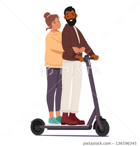 Casual man and woman couple riding electric scooter enjoying romantic dating activity outdoor Casual man and woman couple riding electric scooter enjoying romantic dating activity outdoor 136596345