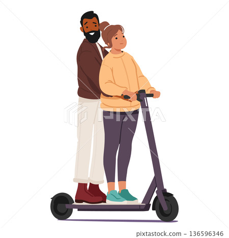 International couple cartoon characters riding scooter together isolated on white background International couple cartoon characters riding scooter together isolated on white background 136596346