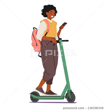 Teenage girl student using smartphone while riding electric scooter isolated on white background 136596349